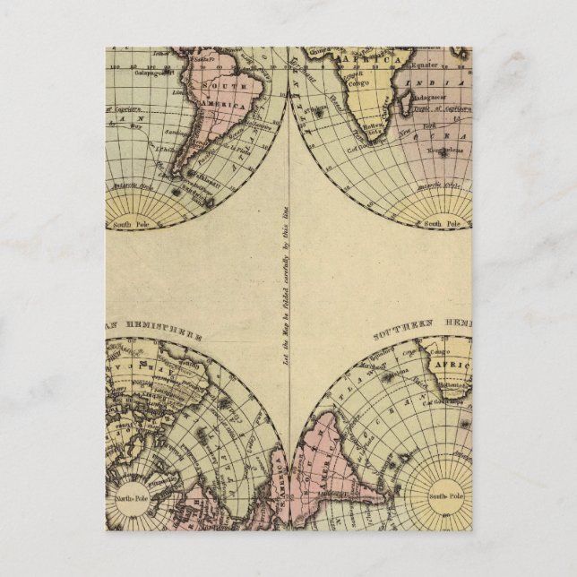 Cartão Postal Mapa do Atlas Colorido dos Hemisférios (Frente)