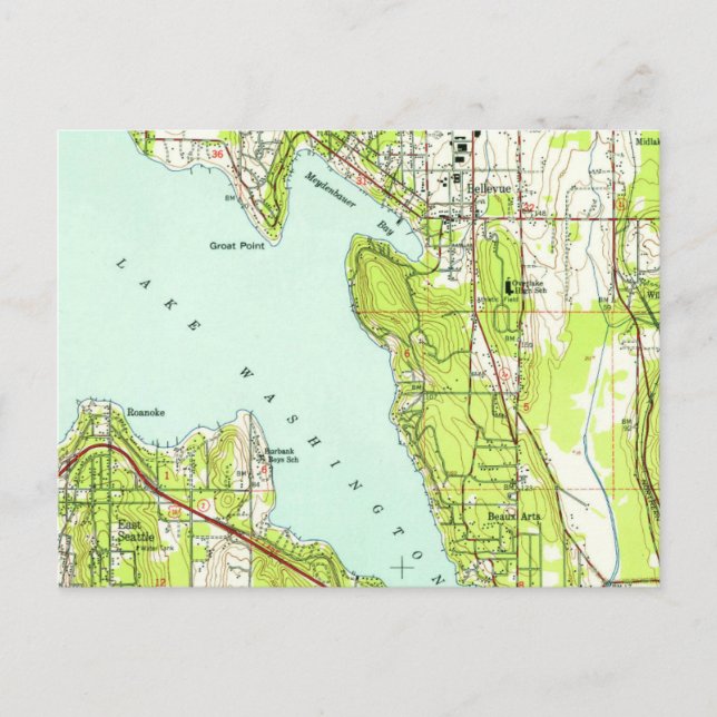 Cartão Postal Mapa do Bellevue Washington Vintage (Frente)