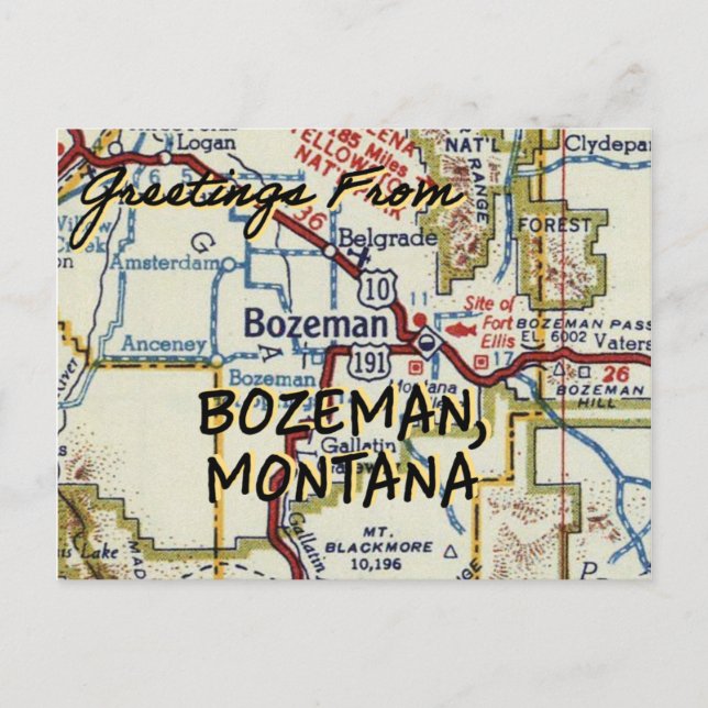 Cartão Postal Mapa do Bozeman MT Vintage (Frente)