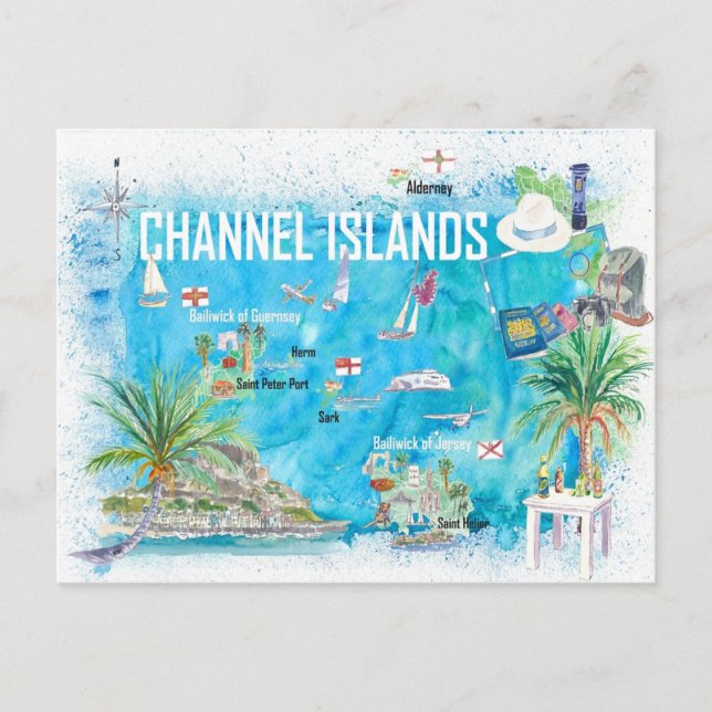 Cartão Postal Mapa do Canal Islands Guernsey Jersey (Frente)