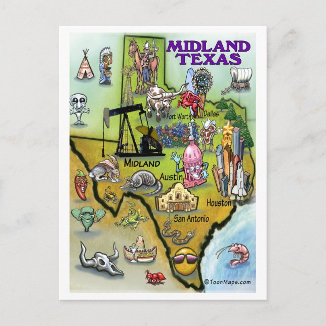Cartão Postal Mapa do Cartoon do Texas Midland (Frente)