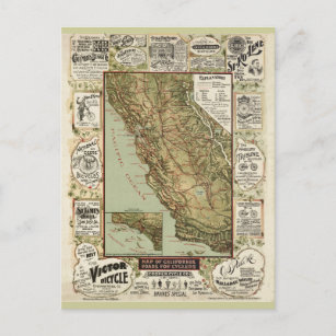 Cartão Postal Mapa do Ciclo de 1895 da Vintage na Califórnia