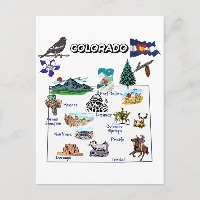 Cartão Postal Mapa do Colorado com Destinos Turísticos (Frente)