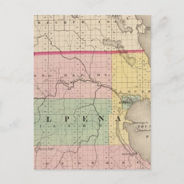 Cartão Postal Mapa do Condado de Alpena, Michigan (Frente)