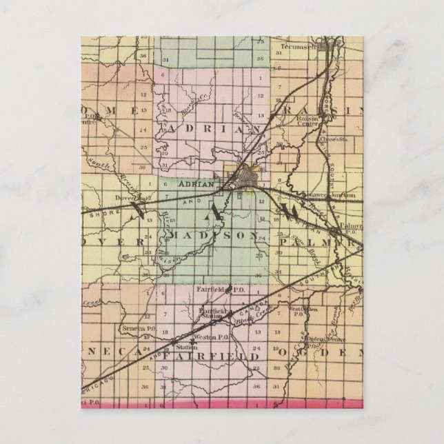 Cartão Postal Mapa do condado de Lenawee, Michigan (Frente)