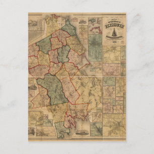 Cartão Postal Mapa do condado de Plymouth Massachusetts (1857)