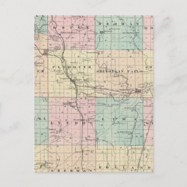 Cartão Postal Mapa do Condado de Sheboygan, Estado de Wisconsin (Frente)