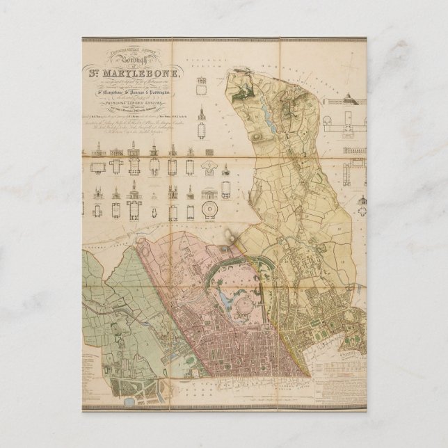 Cartão Postal Mapa do distrito de Marylebone (Londres) de 1834 (Frente)