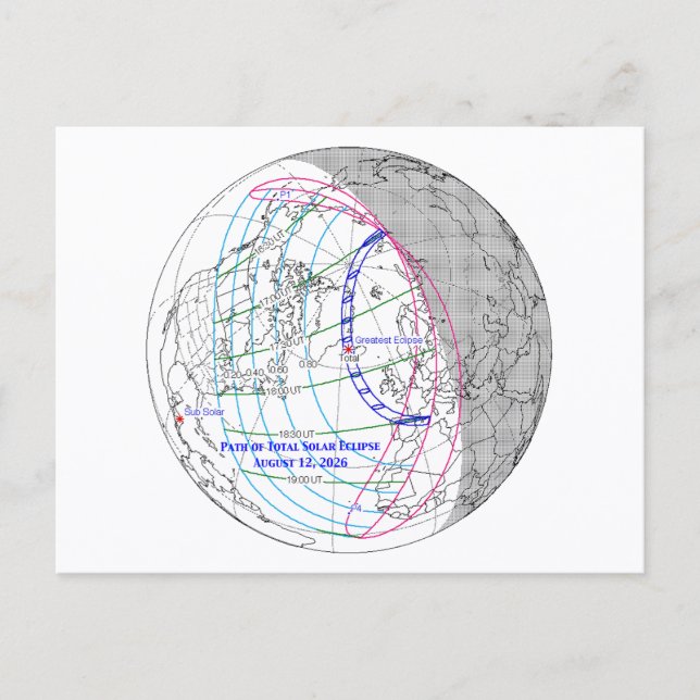Cartão Postal Mapa do Eclipse Solar Total de 2026 (Frente)