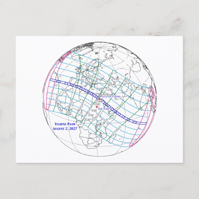 Cartão Postal Mapa do Eclipse Solar Total de 2027 (Frente)