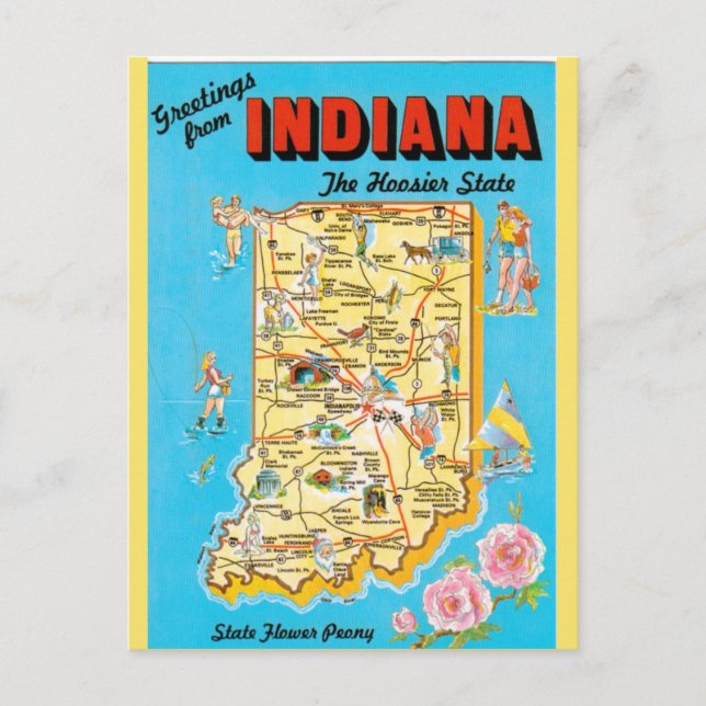 Cartão Postal Mapa do Estado de Indiana (Frente)