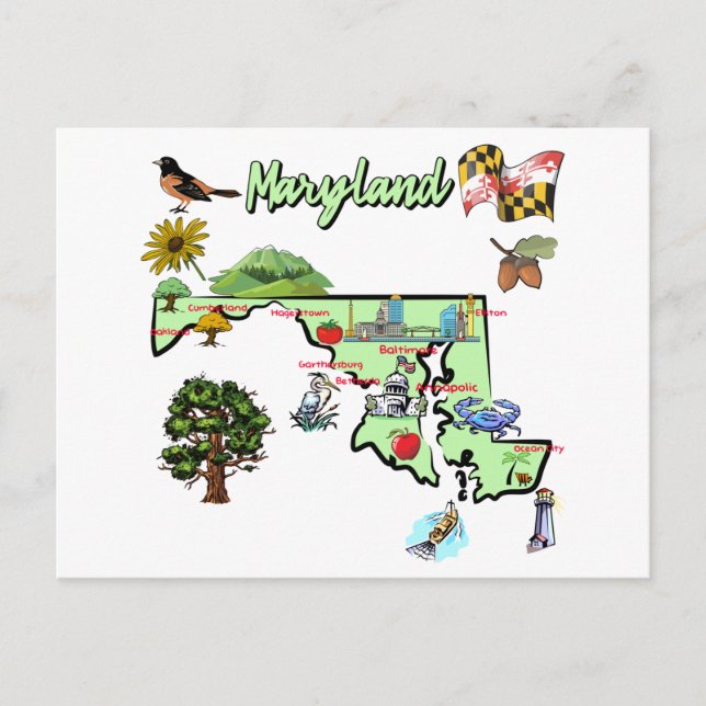 Cartão Postal mapa do estado de Maryland, EUA, grandes cidades (Frente)