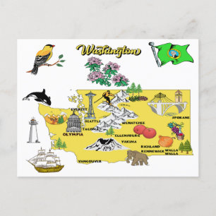 Cartão Postal Mapa do Estado de Washington com Destinos Turístic
