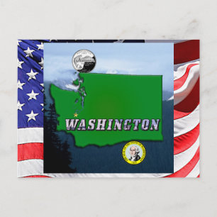 Cartão Postal Mapa do Estado de Washington Faux Quarter, Seal, M