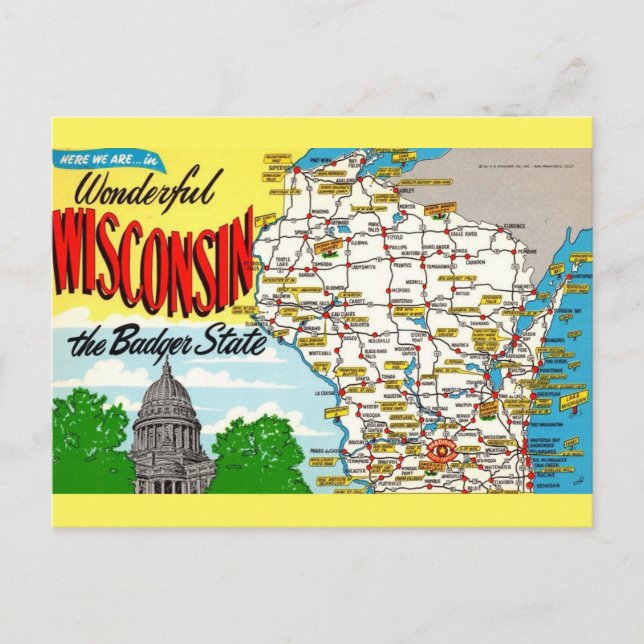 Cartão Postal Mapa do Estado de Wisconsin (Frente)