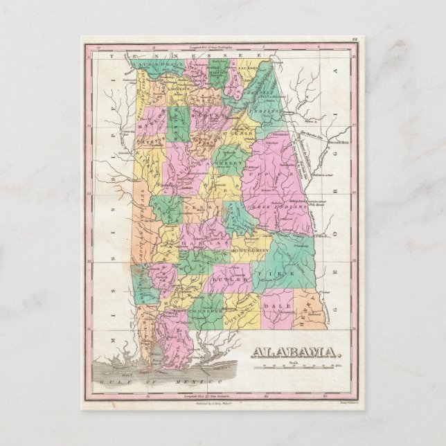Cartão Postal Mapa do Estado do Alabama (1827) (Frente)