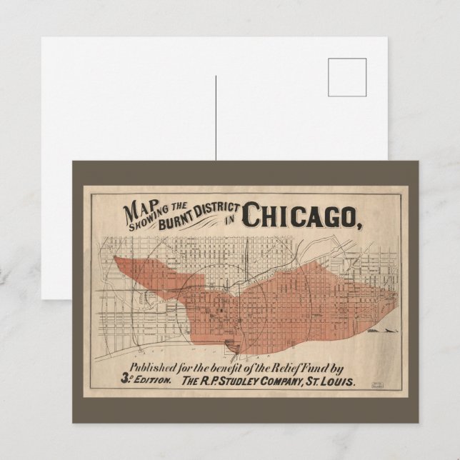 Cartão Postal Mapa do Excelente Vintage Chicago, 1871 (Frente/Verso)