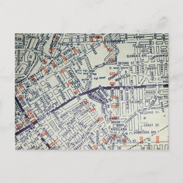 Cartão Postal Mapa do Flint, MI Vintage (Frente)