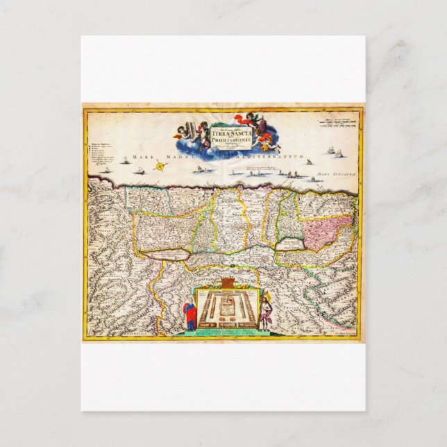 Cartão Postal Mapa do Funck de Israel, Palestina Santa, em 1720 (Frente)
