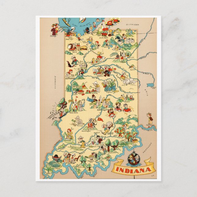 Cartão Postal Mapa do Indiana Vintage (Frente)