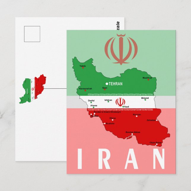 Cartão Postal Mapa do Irã com Bandeira e Emblema (Frente/Verso)