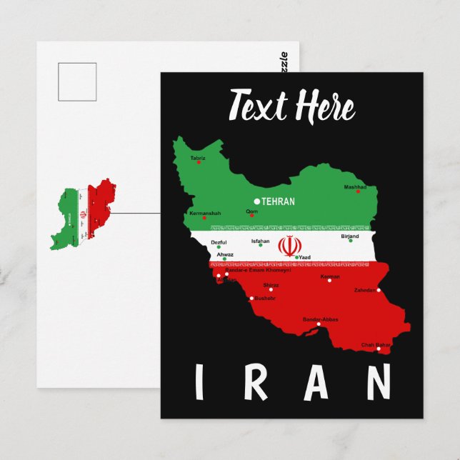 Cartão Postal Mapa do Irã com Bandeira e Emblema (Frente/Verso)