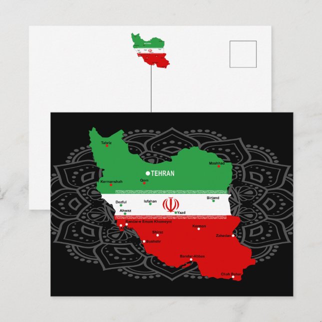 Cartão Postal Mapa do Irã com Bandeira e Emblema (Frente/Verso)