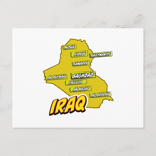 Cartão Postal Mapa do Iraque Ilustrado em Pop Art (Frente)