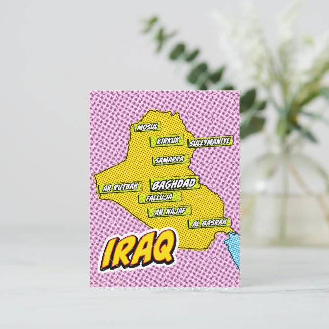 Cartão Postal Mapa do Iraque Ilustrado em Pop Art (Em pé/Frente)