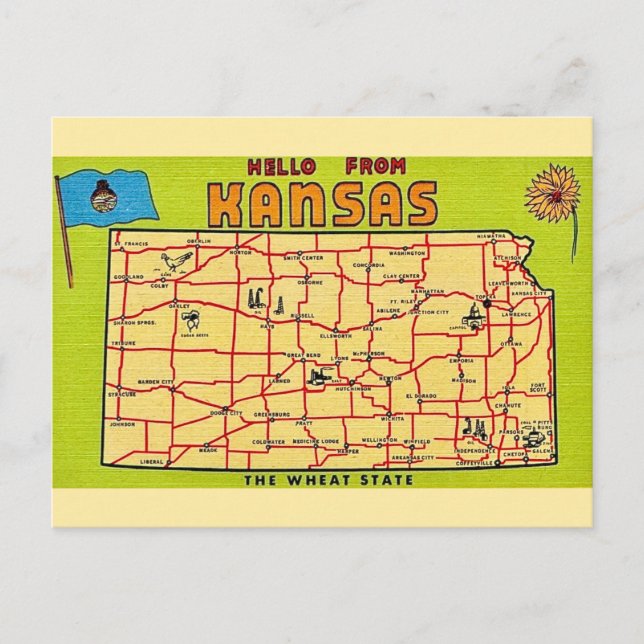 Cartão Postal Mapa do Kansas em Postal (Frente)