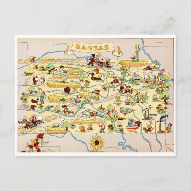Cartão Postal Mapa do Kansas Funny Vintage (Frente)