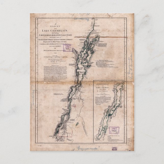 Cartão Postal Mapa do Lago Champlain George Crown Point Map (177 (Frente)