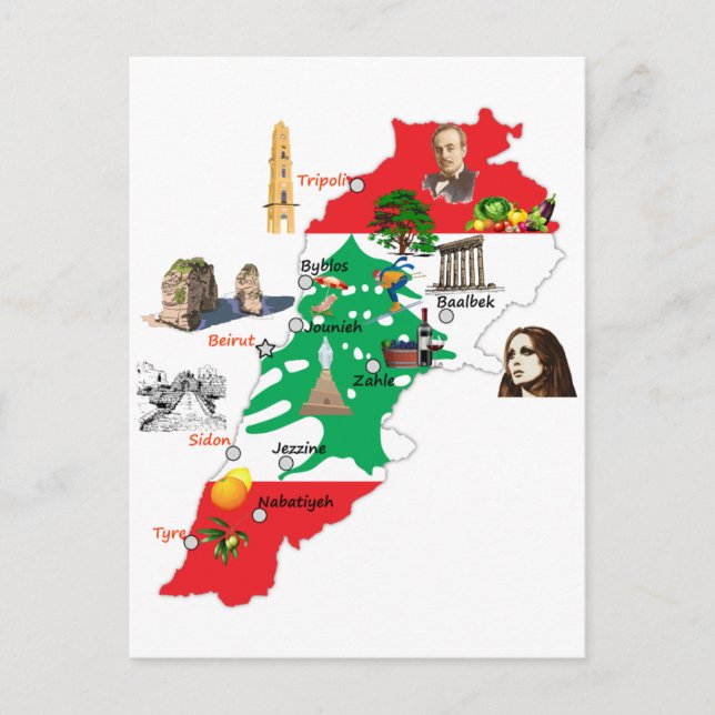 Cartão Postal Mapa do Líbano, nomes das principais cidades liban (Frente)