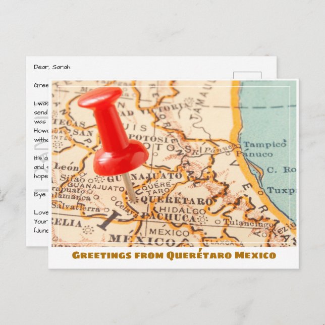 Cartão Postal Mapa do México Querétaro (Frente/Verso)