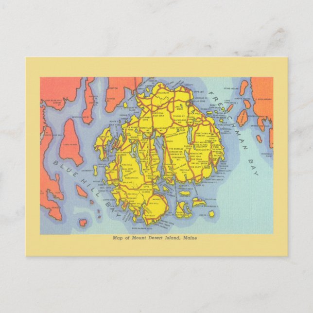 Cartão Postal Mapa do Monte Desert Island, Maine (Frente)