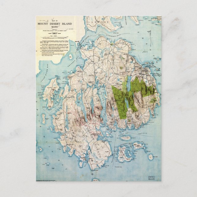 Cartão Postal Mapa do Monte Desert Island, Maine (1917) (Frente)