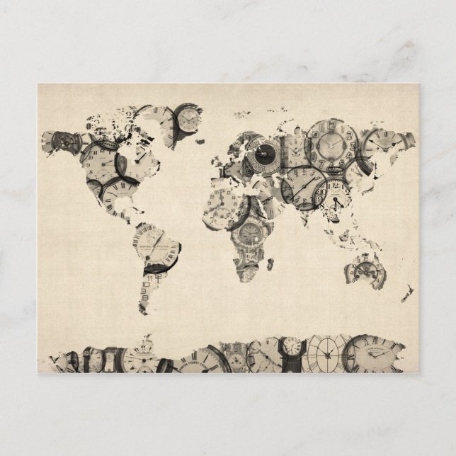 Cartão Postal Mapa do Mundo dos Relógios Antigos (Frente)