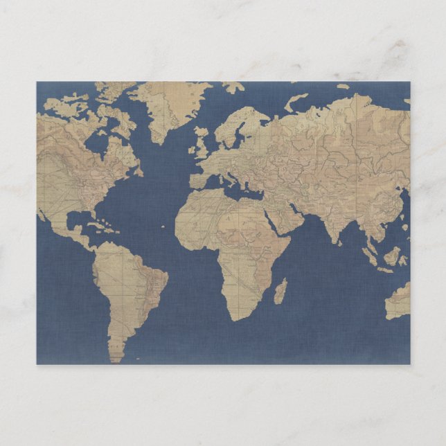 Cartão Postal Mapa do Mundo Dourado e Azul (Frente)