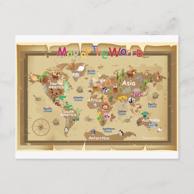 Cartão Postal Mapa do mundo para miúdos - tons da terra (Frente)
