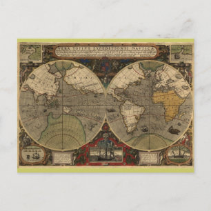 Cartão Postal Mapa do Mundo Vintage em 1595 por Jodocus Hondius