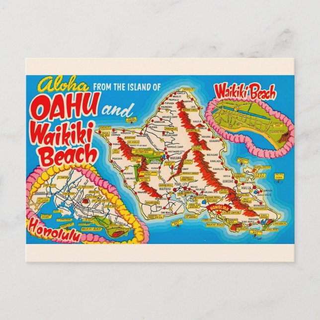 Cartão Postal Mapa do Oahu Wikiki Beach Postcard (Frente)