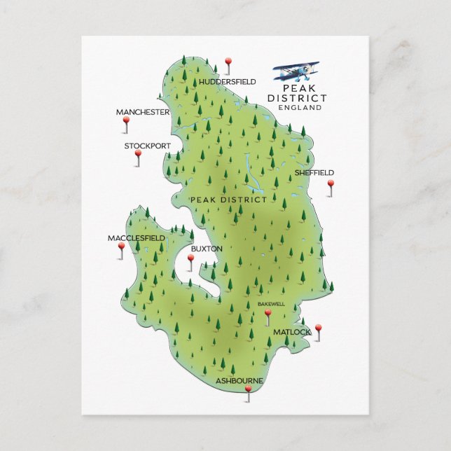Cartão Postal Mapa do Peak District Inglaterra (Frente)