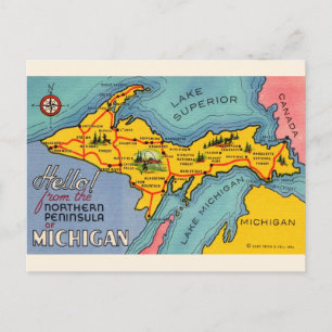 Cartão Postal Mapa do Postcard da Península do Norte de Michigan