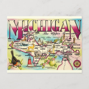 Cartão Postal Mapa do Postcard da Península Superior de Michigan