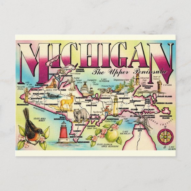 Cartão Postal Mapa do Postcard da Península Superior de Michigan (Frente)