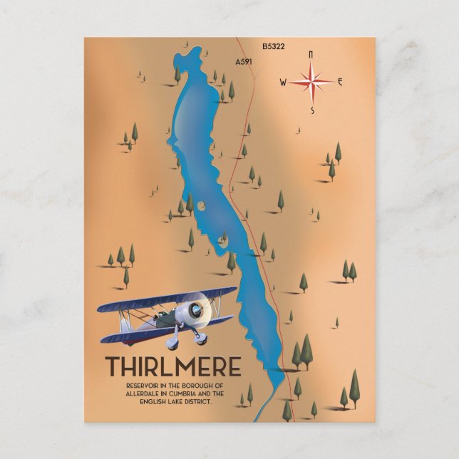 Cartão Postal Mapa do Reservatório de Thirlmere Lake District (Frente)