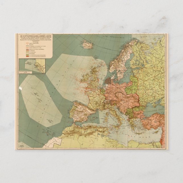 Cartão Postal Mapa do Submarino Alemão (U-Boat) da Primeira Guer (Frente)