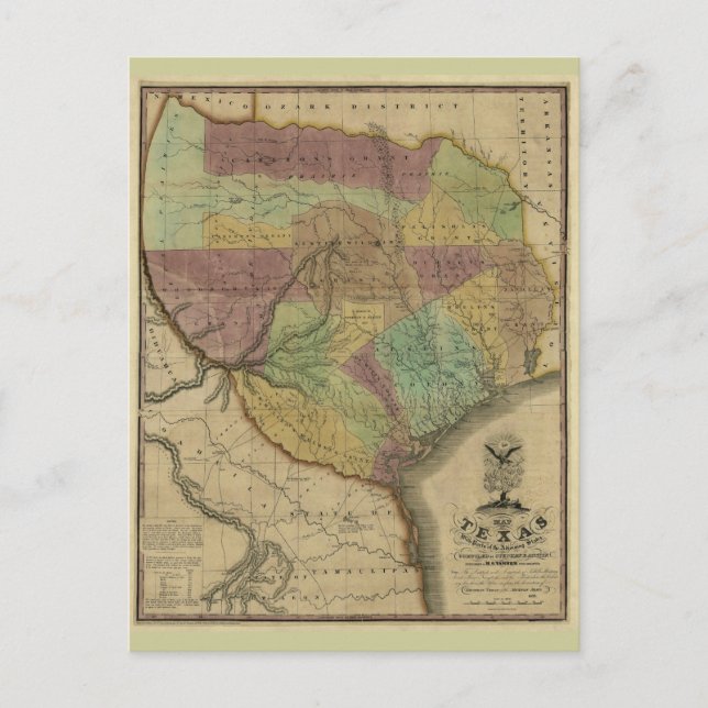 Cartão Postal Mapa do Texas em 1837, com Partes do Estado adjace (Frente)