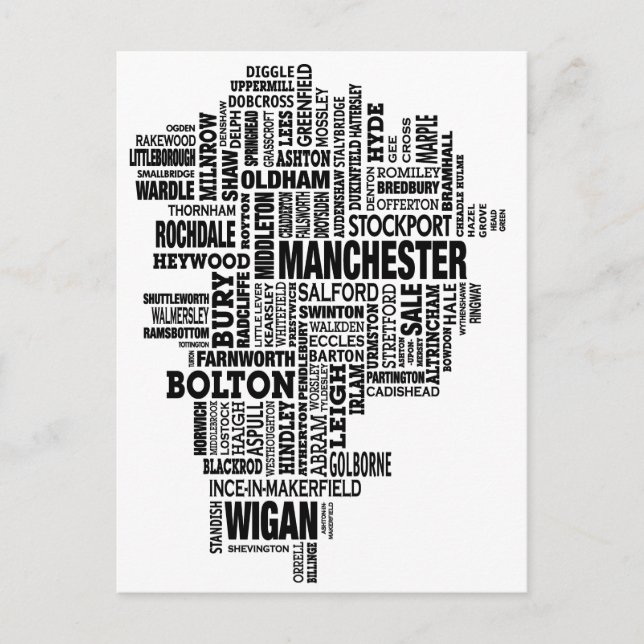 Cartão Postal Mapa do tipo negro da Grande Manchester (Frente)