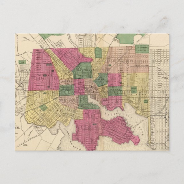 Cartão Postal Mapa do vintage de Baltimore (1873) (Frente)